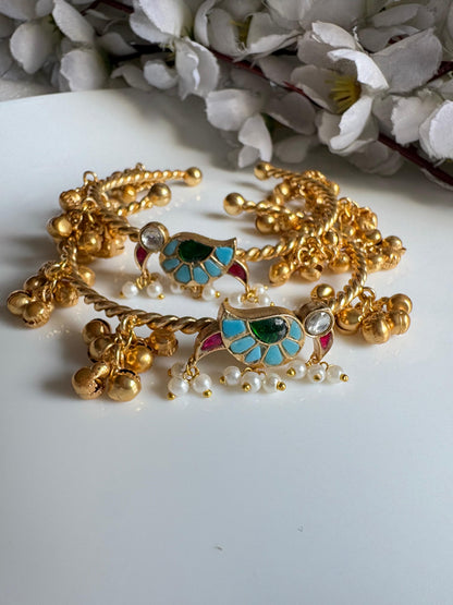 Mayurika Kundan Fusion Ghungroo Bangles | Golden Flexible Adjustable Bangles for Women