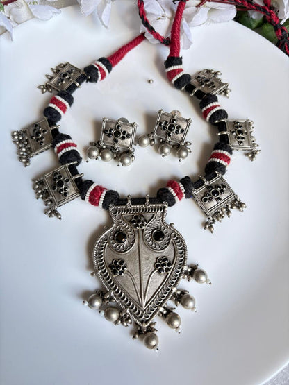 Adivarna Premium Brass Tribal Thread Necklace Set with Earrings | SLA Stone Jewellery | Handmade Ethnic Statement Necklace | Alankrent Luxe
