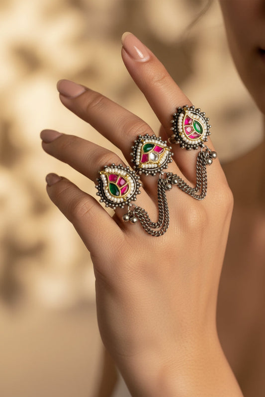 Rajwadi Kundan Triple Finger Ring | Adjustable Dual-Tone Statement Ring