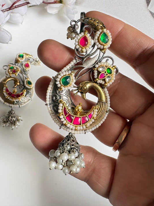 Mayuri Pachi Kundan Fusion SLA Ear Cuff Earrings | Peacock Pearl Jhumka Statement Ear Cuffs for Women