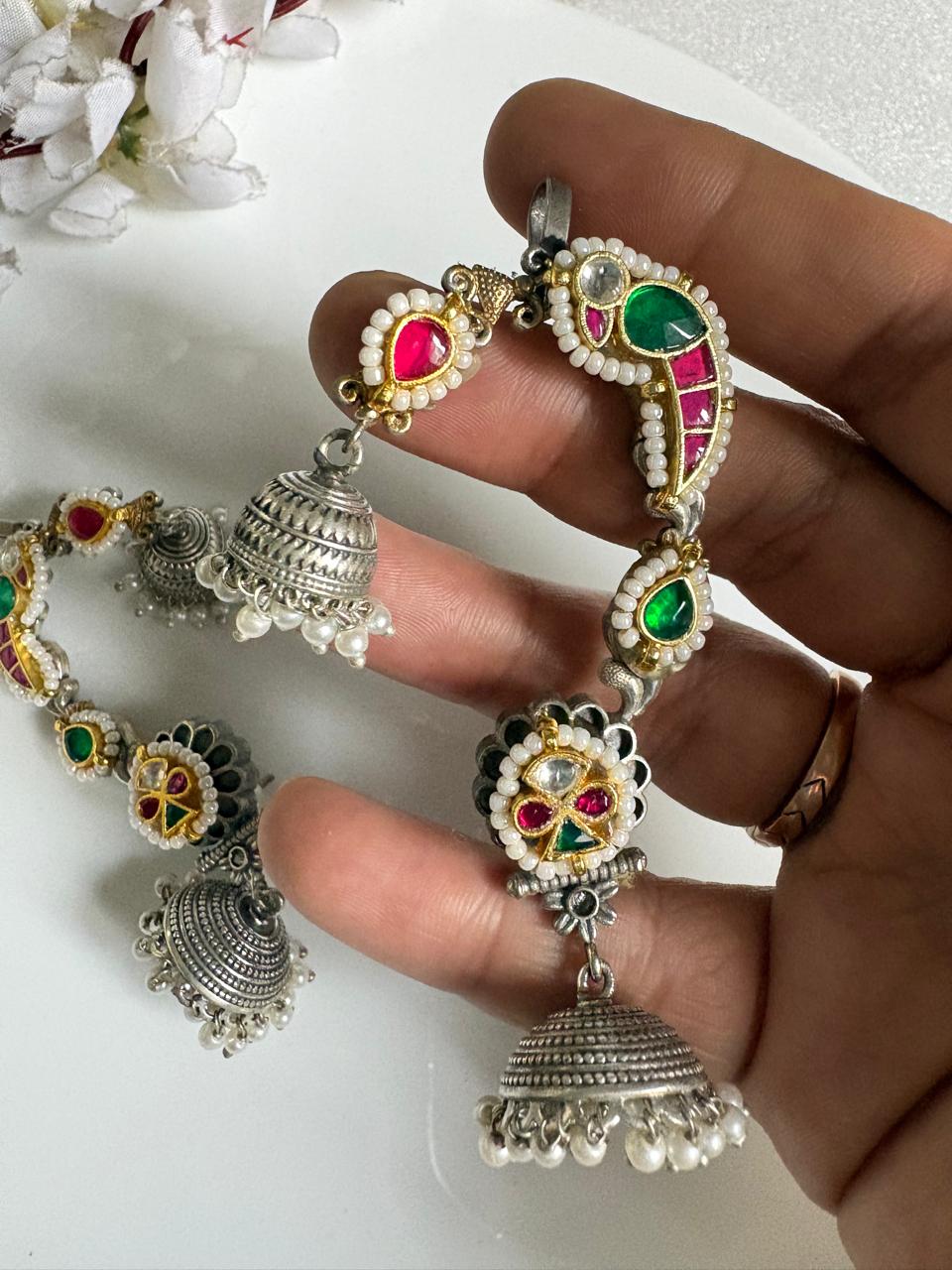 Rajmayur Dual Tone Pachi Kundan Fusion SLA Ear Cuff Earrings with Pearl Jhumkas | Statement Bridal Ear Cuffs for Women