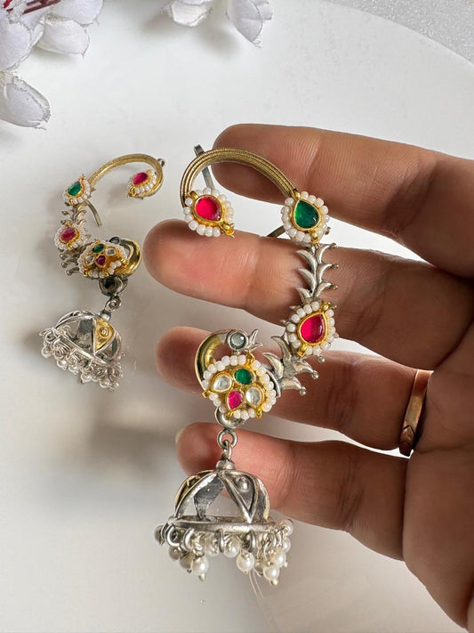 Rajsi Pachi Kundan Fusion SLA Ear Cuff Earrings | Pearl Jhumka Statement Ear Cuffs for Women