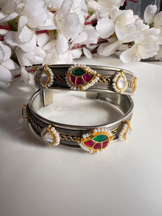 Padmika Premium Kundan Fusion Dual Tone German Silver Flexible Handcuff Kada (Pair)| Brass Based Adjustable Cuff Bracelet for Women