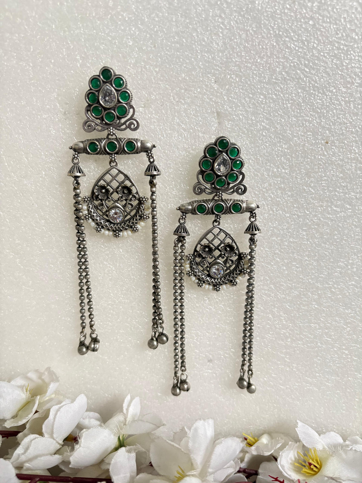 Noor Antique Stone Tassel Earrings
Handcrafted Antique Silver Long Earrings | Stone Tassel Earrings | Heritage Statement Jewellery