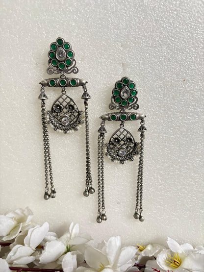 Noor Antique Stone Tassel Earrings
Handcrafted Antique Silver Long Earrings | Stone Tassel Earrings | Heritage Statement Jewellery