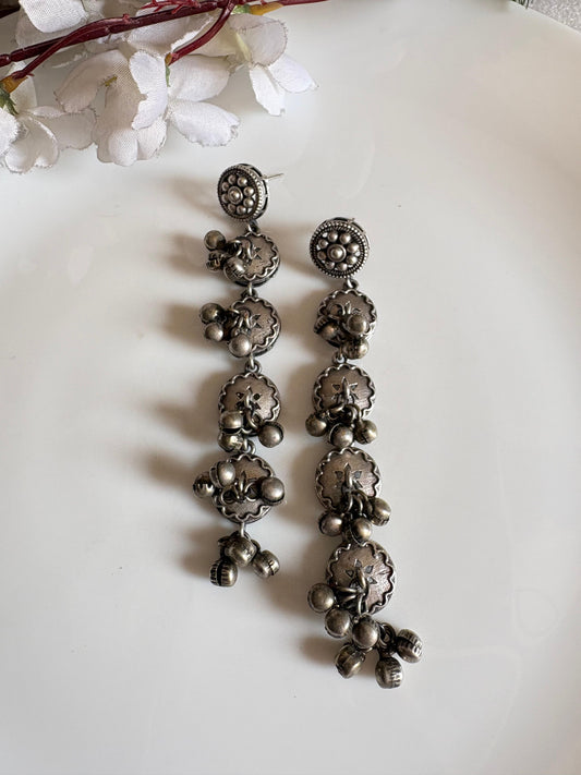 Premium German Silver Long Earrings with Traditional Coin & Ghungroo Detailing | Handcrafted Oxidised Ethnic Jewellery  Alankrent by Alankrent