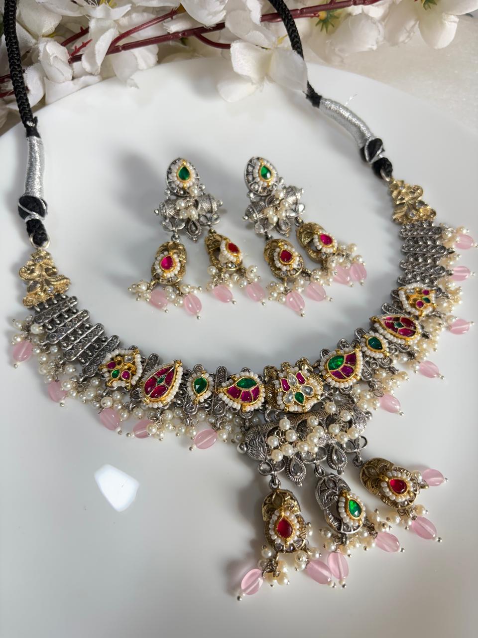Padmavati Navrang Dual Tone SLA Kundan Necklace Set with Pink Bead Drops & Earrings | Premium Ethnic Jewellery  Ready Stock | Alankrent | AK-NV-PD09 by Alankrent