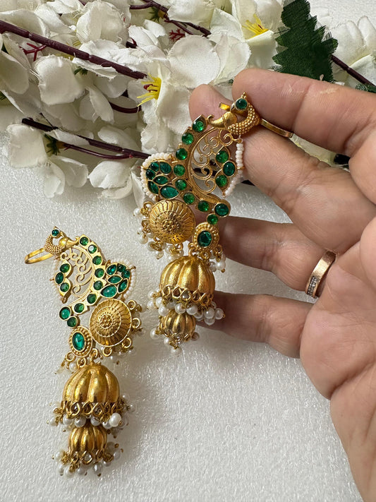 Mayura Ratnavalli Heritage Ear Cuffs
|Temple Gold Long Designer Jhumka Ear Cuffs with Intricate Filigree & Pearl Drops - Alankrent Luxe