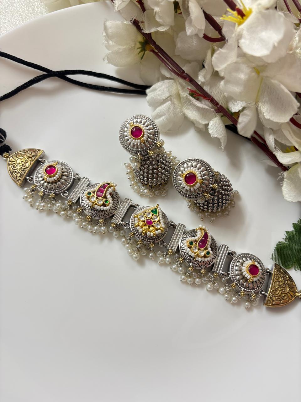 Rajnandini Dualtone Kundan Fusion Choker Set with Statement Jhumkis