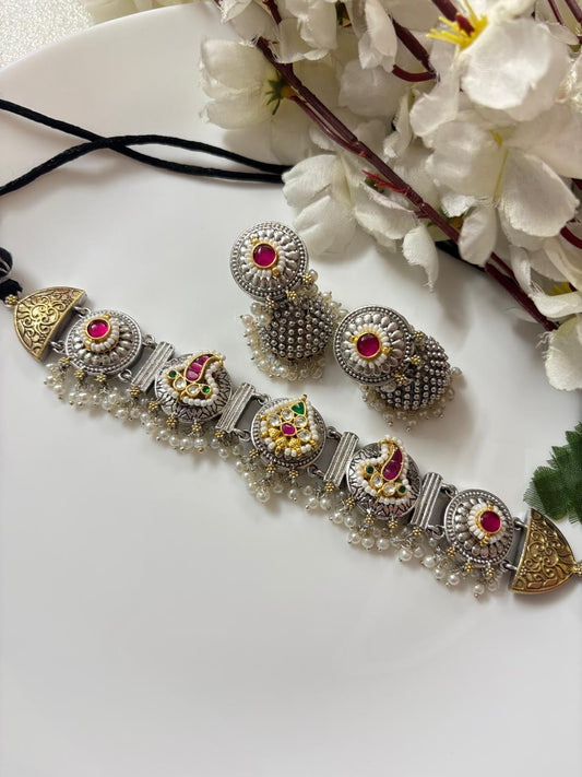 Rajnandini Dualtone Kundan Fusion Choker Set with Statement Jhumkis