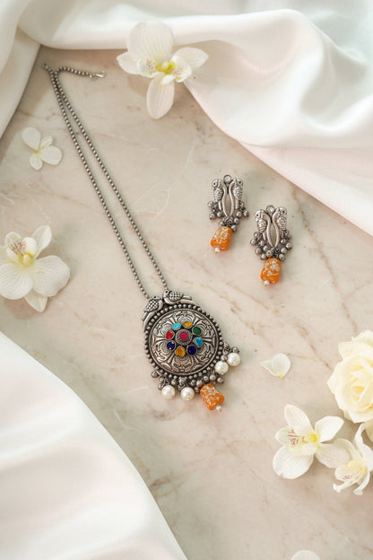 Mayura Rangmeen Long Oxidised Silver Pendant Necklace Set with Pearl Drops | Navratri Jewellery