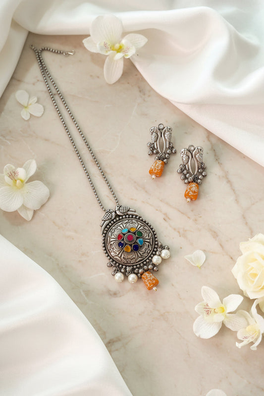 Mayura Rangmeen Long Oxidised Silver Pendant Necklace Set with Pearl Drops | Navratri Jewellery