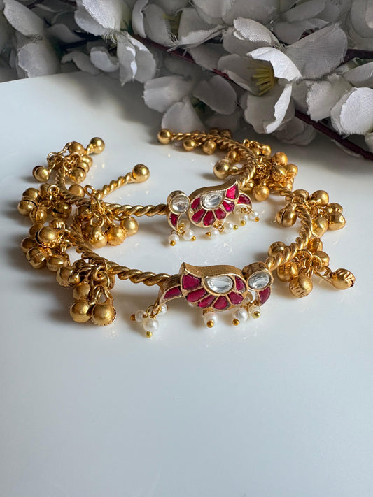 Mayurika Kundan Fusion Ghungroo Bangles | Golden Flexible Adjustable Bangles for Women
