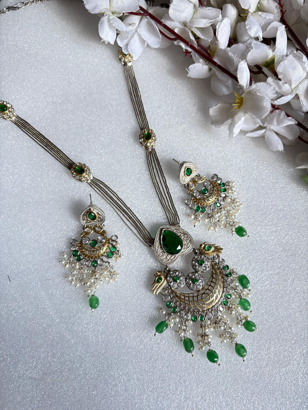 Mayurika Premium SLA Statement Necklace Set with Peacock Pendant & Earrings | Dual Tone Heritage Jewellery | Bridal & Festive Collection