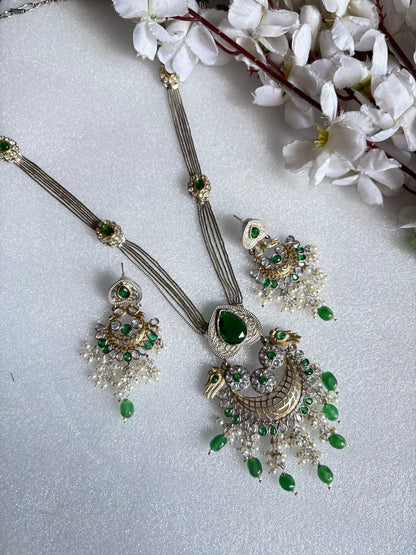 Mayurika Premium SLA Statement Necklace Set with Peacock Pendant & Earrings | Dual Tone Heritage Jewellery | Bridal & Festive Collection
