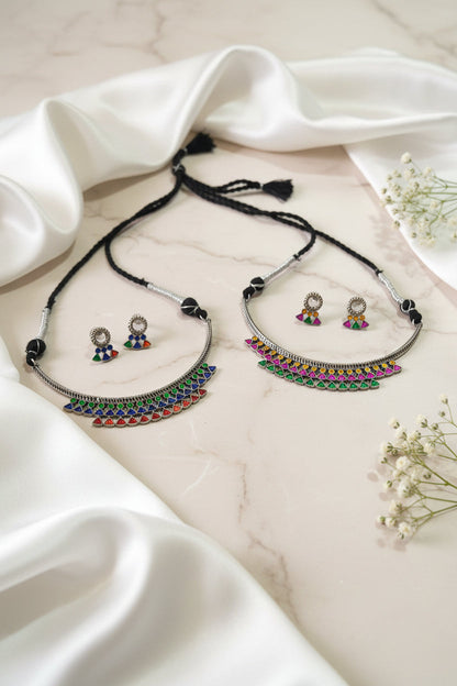Rangrez Afghani Multi Mirror Hasli Necklace Set | Oxidised Silver Navratri Jewellery