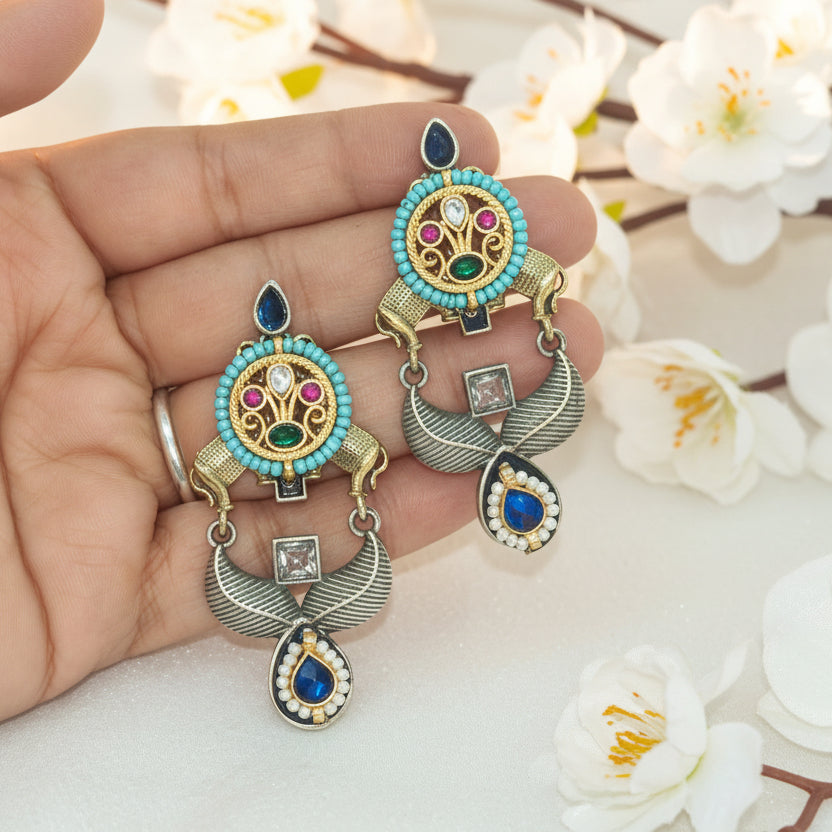 Turquoise Heritage Pacchi Kundan Fusion Earrings in German Silver | Alankrent Luxe - Alankrent Luxe