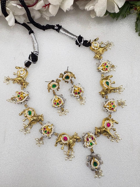 Nandivana Gold Matt Nandi Kundan Fusion Necklace Set with Earrings – Premium Traditional Temple Jewellery for Women