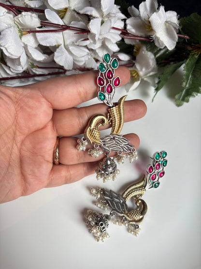Mayurika Dual-Tone Peacock Jhumka Earrings | Indian Peacock Statement Jhumka Jewellery