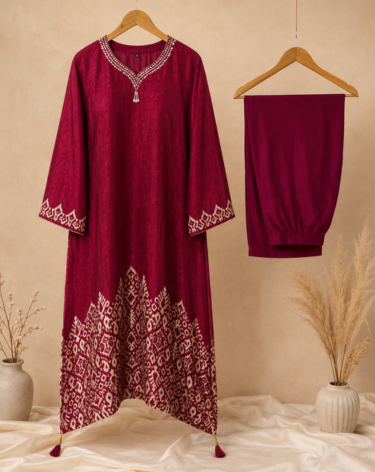 Aavriti Raktika Wine Gajji Silk Premium 2-Piece Festive Set with Mirror Handwork & Tassels