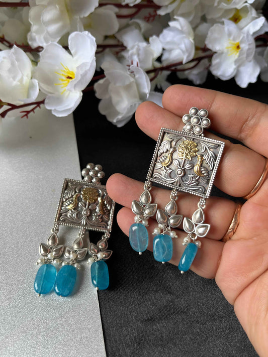 Premium SLA Dual Tone Statement Earrings Blue and Green Stone Drop Earrings Silver Polish Alankrent