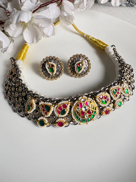 Rangmayuri Heritage Dualtone Thread Choker Necklace Set with Kundan Fusion Earrings
