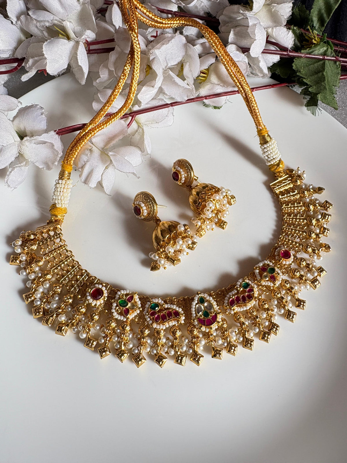 Gold Matt Kundan Necklace Set with Earrings  Limited Edition Wedding Jewellery  Handcrafted Indian Kundan Jewellery | Premium Statement Necklace Set Online by Alankrent
