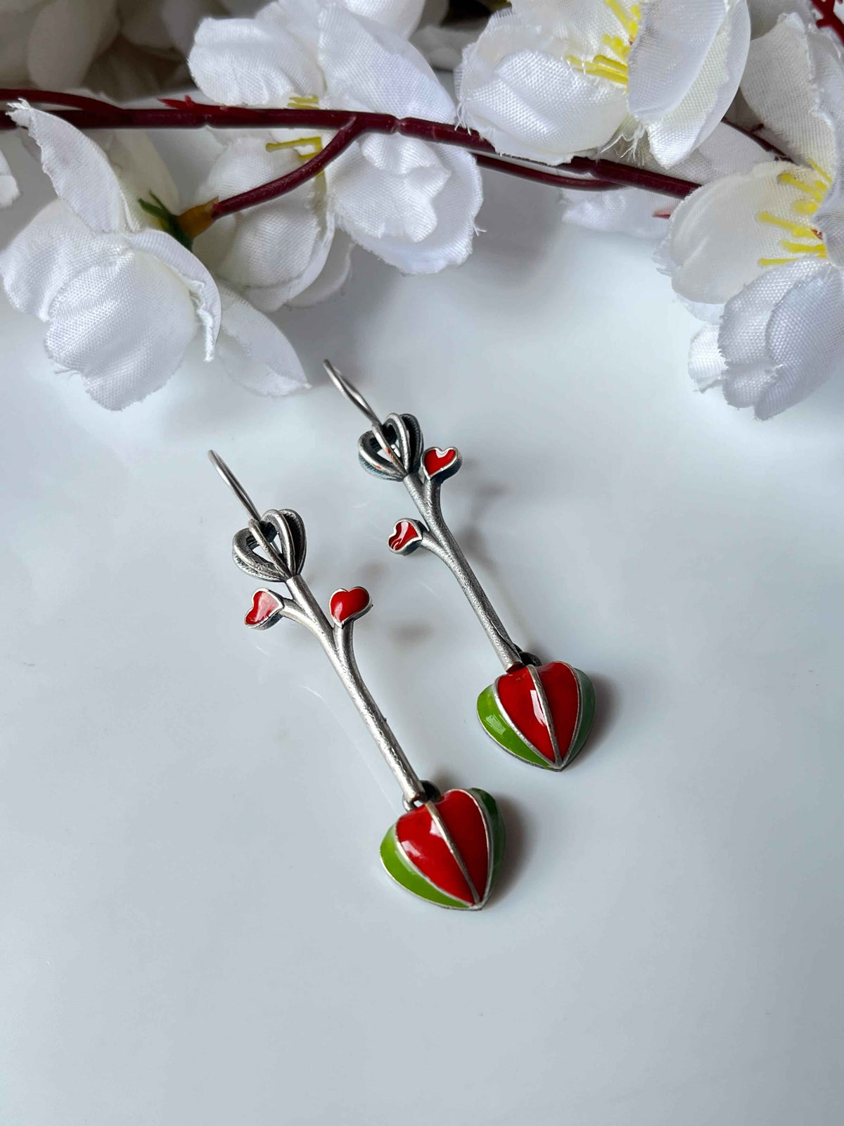 Hand Painted Hook Earrings Dual Tone Heart Drop Earrings Red Green Pink Black Variants Alankrent