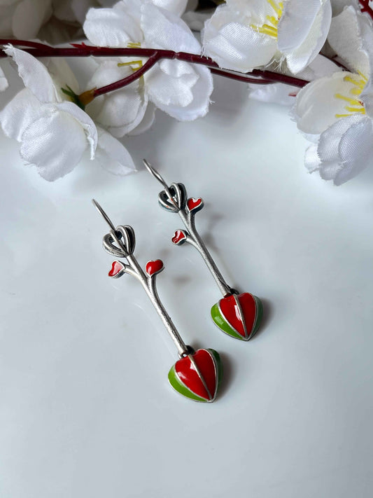 Hand Painted Hook Earrings Dual Tone Heart Drop Earrings Red Green Pink Black Variants Alankrent
