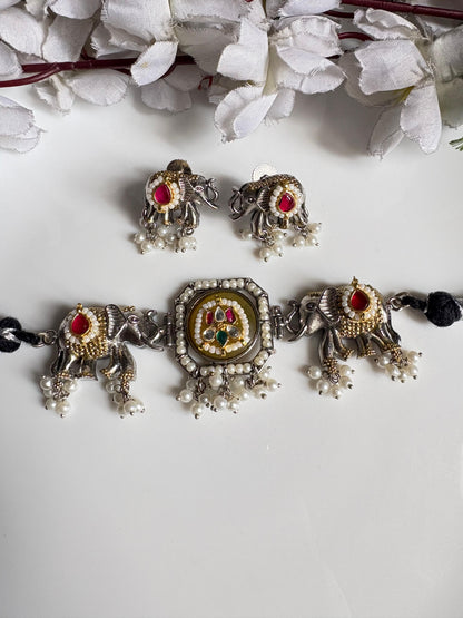 Gajraj Kundan Dual-Tone Necklace Set with Earrings | Elephant Motif Jewellery