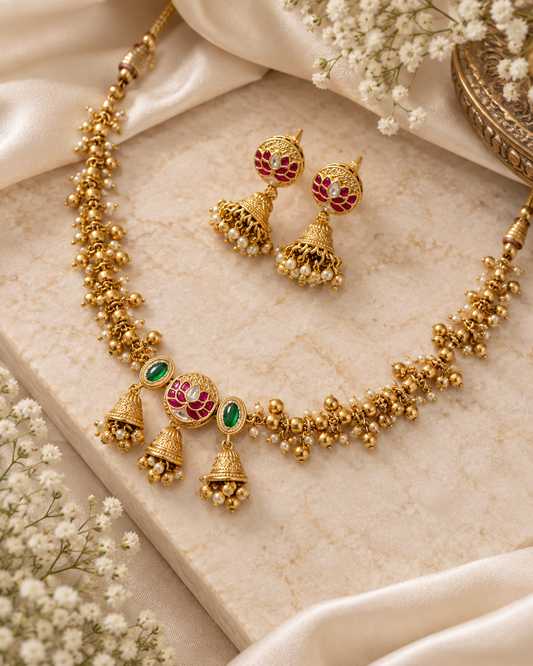 Rajeshwari Jadtar Vilasa | Jadtar Necklace Set with Earrings | Traditional Gold Finish Jadtar Indian Jewellery with Green & Pink Stone Details