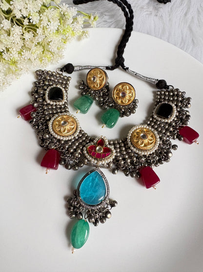 Rajasi Mayura Dual-Tone Choker | Kundan Fusion Dual Tone Choker Necklace Set with Earrings | SLA Silver Lookalike Polish