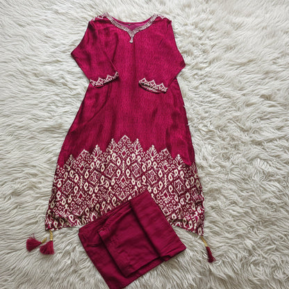 Aavriti Raktika Wine Gajji Silk Premium 2-Piece Festive Set with Mirror Handwork & Tassels