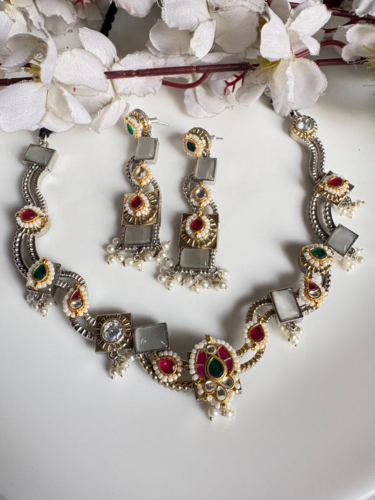 Noorva SLA Dual Tone Hasli Necklace Set – Budget Friendly Kundan Fusion Necklace with Long Earrings