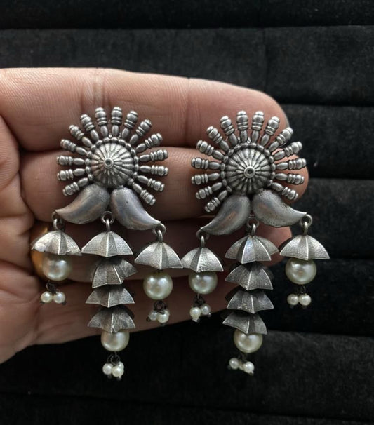 Layered Umbrella Style Oxidised Silver Look Alike Earrings Brass Base Pearl Drop Detailing Alankrent by Alankrent