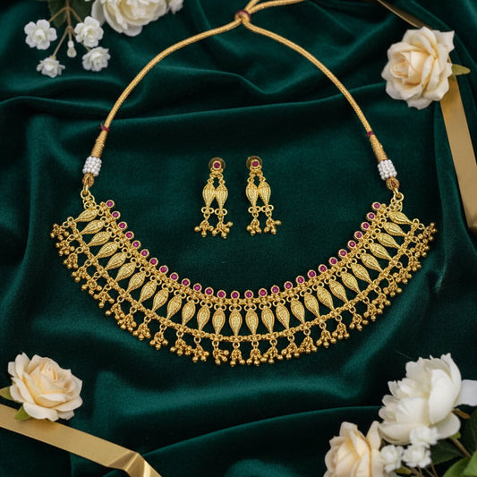 Aarini Temple Gold Finish Ruby Choker Necklace Set Lightweight Traditional Jewellery | Premium Indian Jewellery