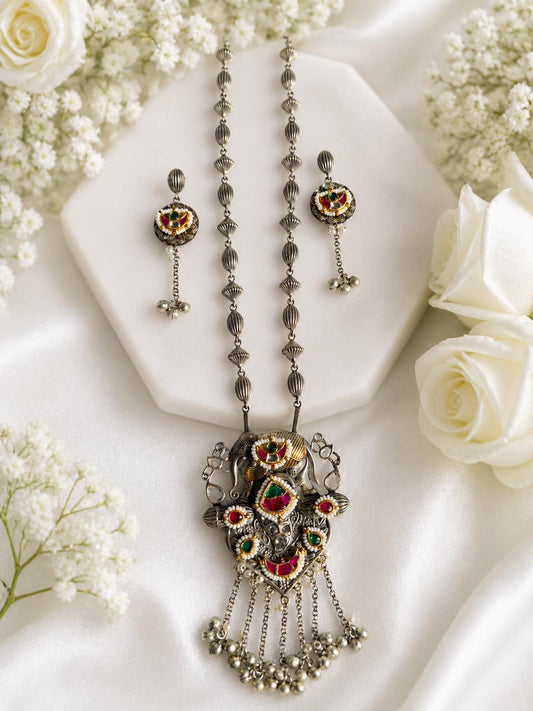 Morbagh Noor Premium SLA Dual Tone Long Necklace Set | Kundan Fusion Statement Jewellery with Earrings