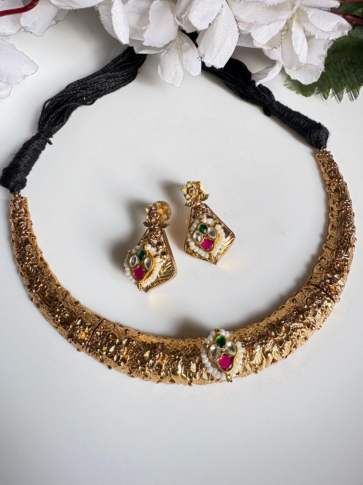 Rajwadi Gold Textured Hasli Necklace Set with Jaipur Kundan | Floral Designer Choker