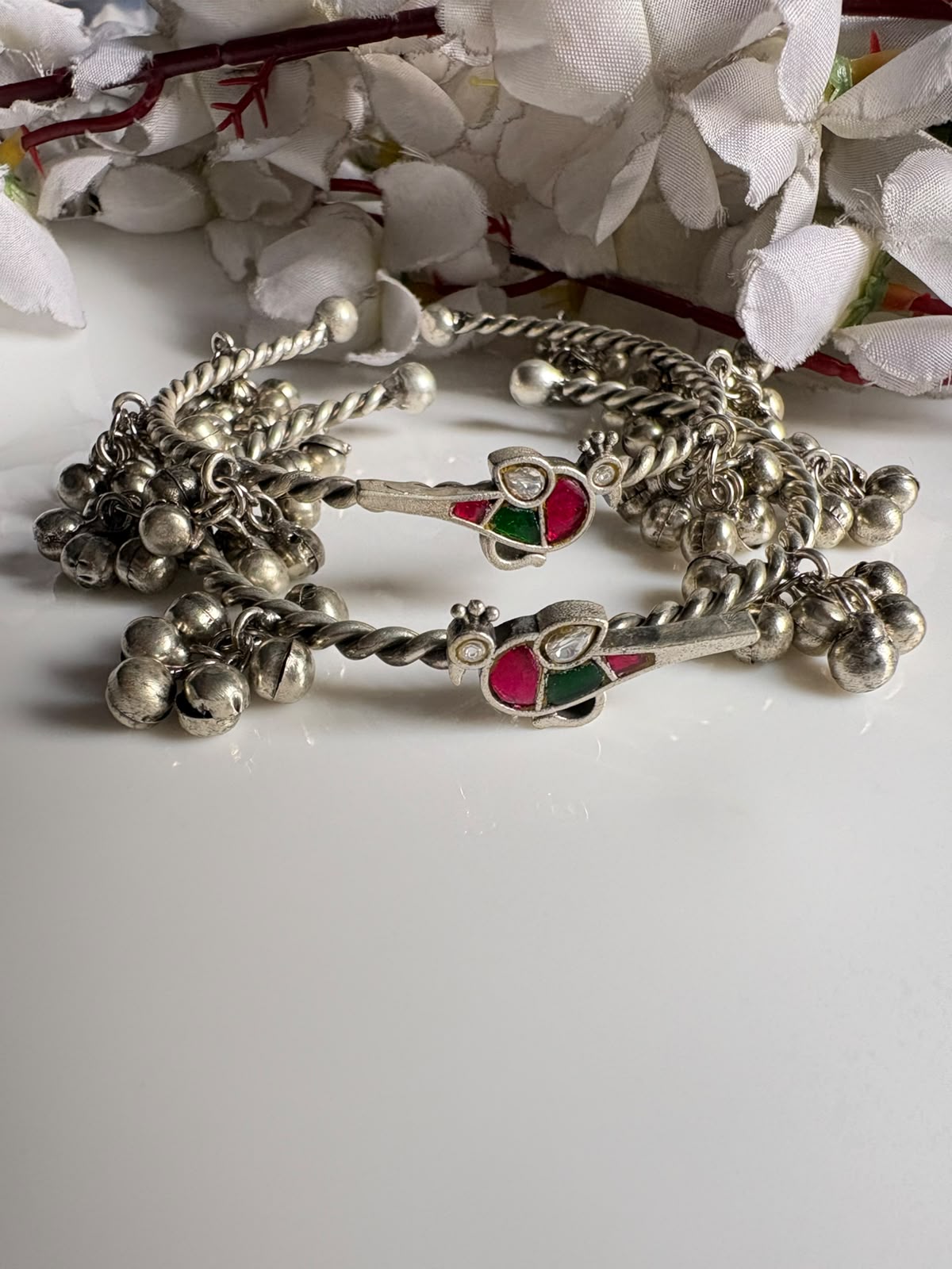 Pakshika Ghungharu Silver Tone Bangles | Flexible Bird Kundan Fusion Bangles for Women (Pair)| Alankrent Luxe