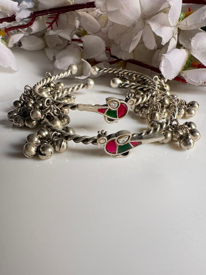 Pakshika Ghungharu Silver Tone Bangles | Flexible Bird Kundan Fusion Bangles for Women (Pair)| Alankrent Luxe