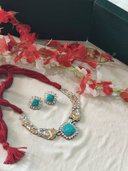 Meenakshi Kundan Hasli Necklace Set | Turquoise & White / White Ruby