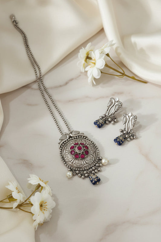 Mayura Rangmeen Long Oxidised Silver Pendant Necklace Set with Pearl Drops | Navratri Jewellery