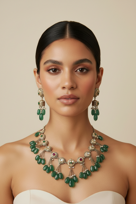Kundan Fusion Dual Tone Necklace Set With Crystals Silver Look Alike Sla Polish Limited Edition by Alankrent