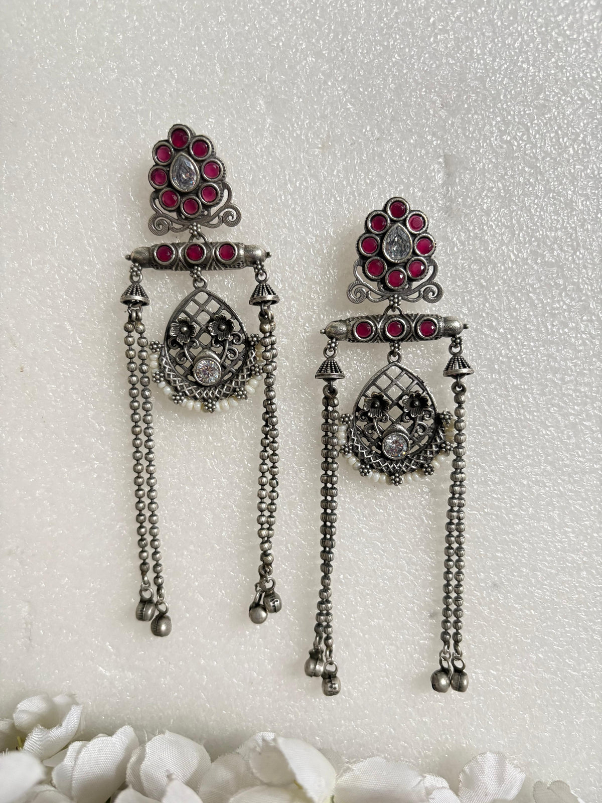 Noor Antique Stone Tassel Earrings
Handcrafted Antique Silver Long Earrings | Stone Tassel Earrings | Heritage Statement Jewellery