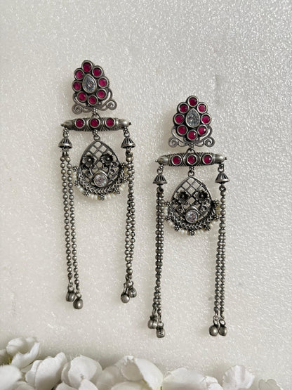 Noor Antique Stone Tassel Earrings
Handcrafted Antique Silver Long Earrings | Stone Tassel Earrings | Heritage Statement Jewellery