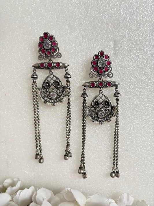 Noor Antique Stone Tassel Earrings
Handcrafted Antique Silver Long Earrings | Stone Tassel Earrings | Heritage Statement Jewellery