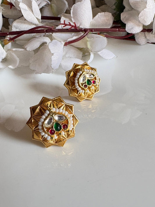 Suramya Pushpa Gold Matt Kundan Stud Earrings with Pearl & Green Ruby Accents | Budget Friendly Ethnic Jewellery | Alankrent by Alankrent