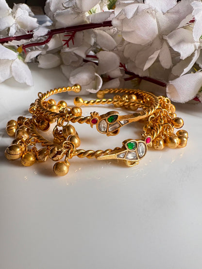 Pakshika Ghungharu Flexible Bangles | Gold Tone Kundan Fusion Bird Bangles for Women {PAIR} | Alankrent Luxe