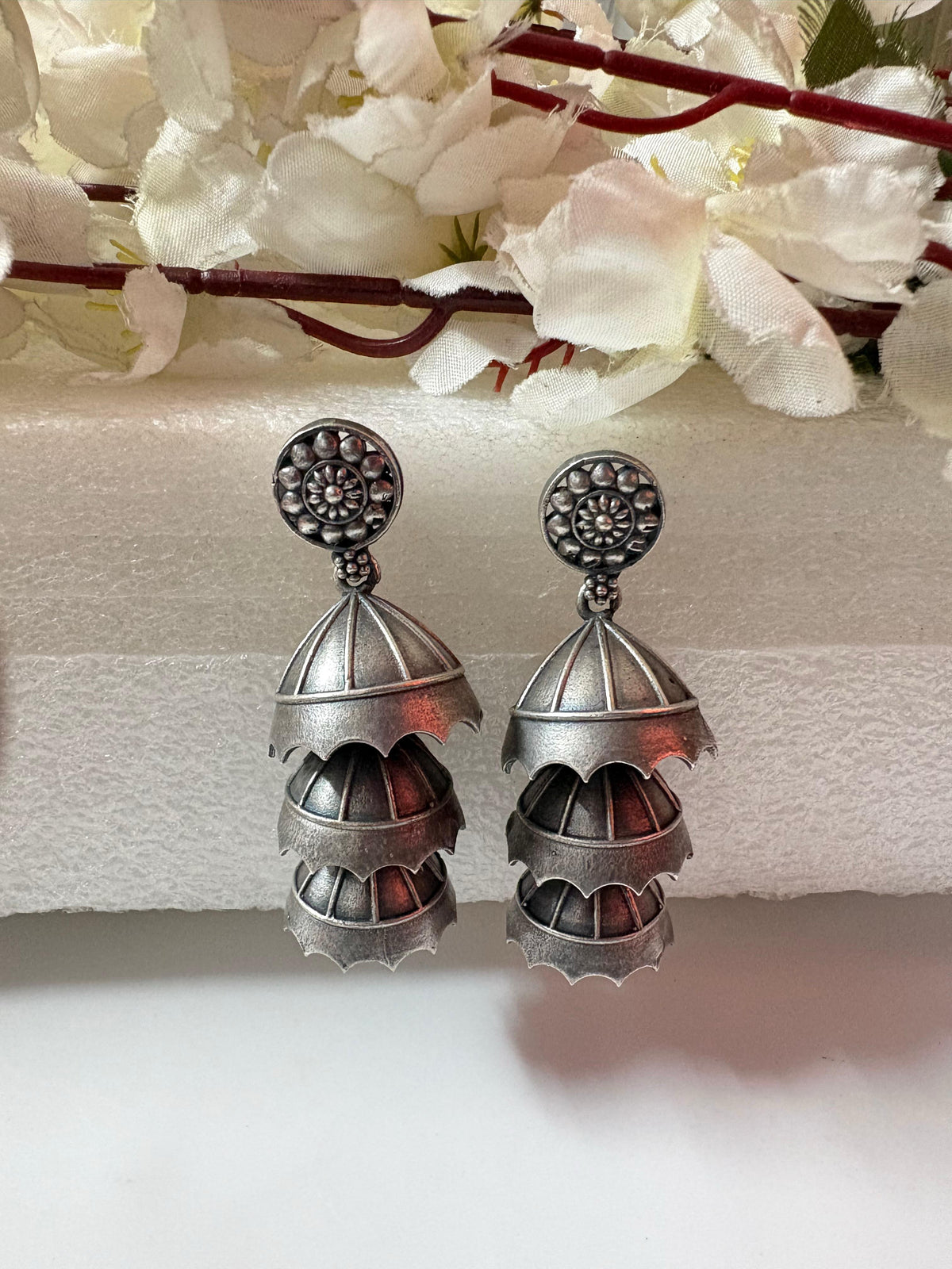 Silver Look Alike Layered Jhumka Earrings Brass Base Oxidised Finish Alankrent Ak Je by Alankrent