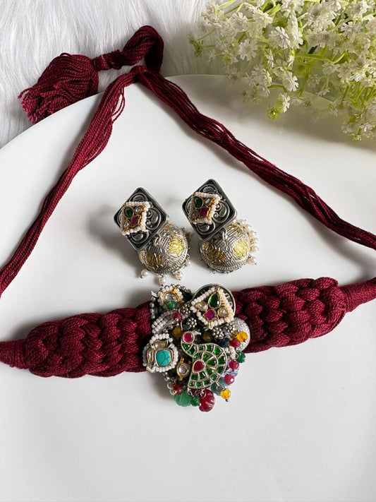 Rinita Kundan Thread Statement Jewellery Set | Pachi Kundan Brass Base Imitation Jewellery for Navratri